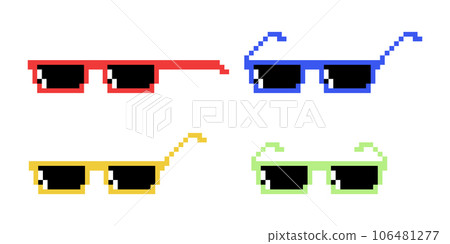 Vector Pixel Boss Glasses Icon Set in 8 bit Retro Style. Summer Meme Game Thug Design, Mafia Gangster Funky Sunglasses. Rap Music Design Element 106481277