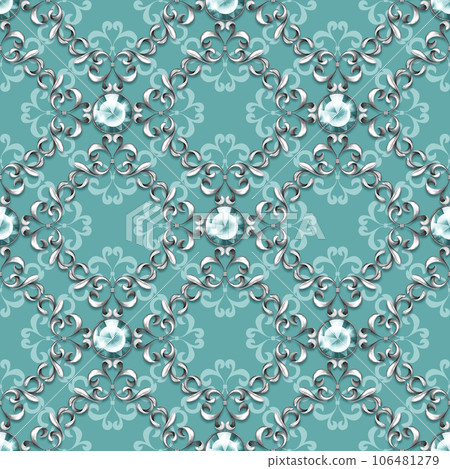 Seamless baroque pattern with gems and silver scrolls. 106481279