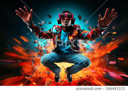 Young man wearing virtual reality glasses and dancing in colorful splashes of paint. Augmented reality. 106481315