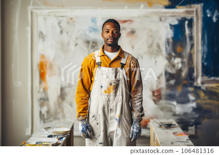 Portrait of african american house painter male in renovation room. Decoration and improvement living or office interior Portrait of african american house painter male in renovation room. Decoration and improvement living or office interior 106481316