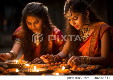 Indian women wearing traditional dress lighting diya lamps at temple on Diwali night. Religious ritual.  106481317