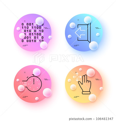 Move gesture, Binary code and Cooking timer minimal line icons. 3d spheres or balls buttons. Sign out icons. For web, application, printing. Swipe, Programming data, Stopwatch. Logout. Vector 106481347