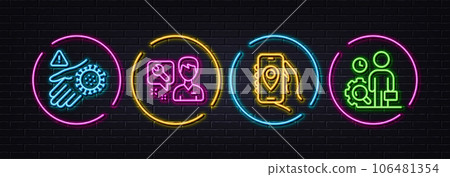 Wash hand, Repairman and Location app minimal line icons. Neon laser 3d lights. Inspect icons. For web, application, printing. Hand with coronavirus, Repair service, Smartphone navigation. Vector Wash hand, Repairman and Location app minimal line icons. Neon laser 3d lights. Inspect icons. For web, application, printing. Hand with coronavirus, Repair service, Smartphone navigation. Vector 106481354