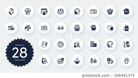 Set of Fashion icons, such as Discounts offer, Discount coupon and Buying process flat icons. Pillow, Discounts bubble, Online shopping web elements. Wallet, Love glasses, Scissors signs. Vector Set of Fashion icons, such as Discounts offer, Discount coupon and Buying process flat icons. Pillow, Discounts bubble, Online shopping web elements. Wallet, Love glasses, Scissors signs. Vector 106481375