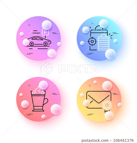 Seo shopping, Car parking and Verified mail minimal line icons. 3d spheres or balls buttons. Latte coffee icons. For web, application, printing. Analytics, Transport place, Confirmed e-mail. Vector 106481376