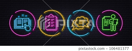 Text message, Checklist and Technical documentation minimal line icons. Neon laser 3d lights. Job interview icons. For web, application, printing. Chat bubble, Questioning clipboard, Manual. Vector Text message, Checklist and Technical documentation minimal line icons. Neon laser 3d lights. Job interview icons. For web, application, printing. Chat bubble, Questioning clipboard, Manual. Vector 106481377