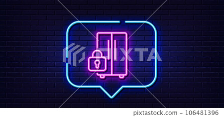 Neon light speech bubble. Refrigerator locked line icon. Fridge child lock sign. Freezer storage symbol. Neon light background. Refrigerator glow line. Brick wall banner. Vector Neon light speech bubble. Refrigerator locked line icon. Fridge child lock sign. Freezer storage symbol. Neon light background. Refrigerator glow line. Brick wall banner. Vector 106481396