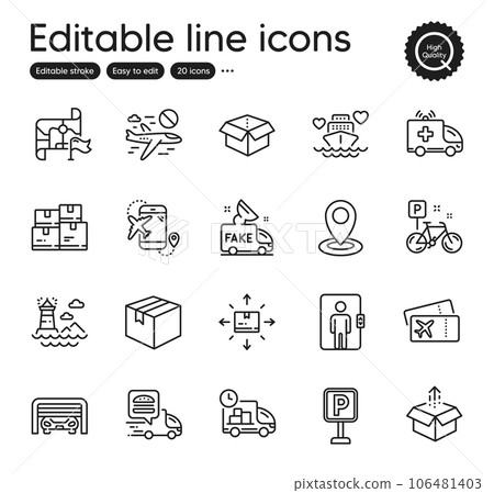Set of Transportation outline icons. Contains icons as Parking garage, Bike and Wholesale inventory elements. Open box, Lighthouse, Honeymoon cruise web signs. Flight destination. Vector 106481403