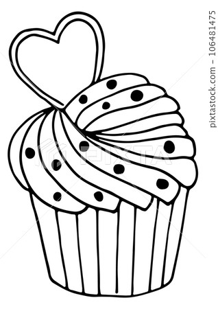Romantic cupcake with cream swirl and heart. Black doodle 106481475