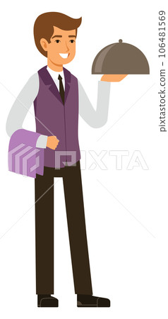 Smiling waiter with serving dish. Cartoon restaraunt worker Smiling waiter with serving dish. Cartoon restaraunt worker 106481569