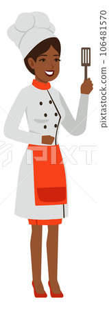 Female chef character. Black woman in professional cooking uniform Female chef character. Black woman in professional cooking uniform 106481570