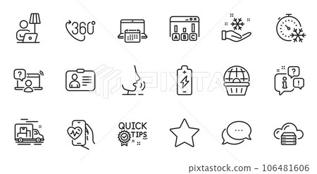 Outline set of Freezing timer, Survey results and 360 degree line icons for web application. Talk, information, delivery truck outline icon. Vector 106481606