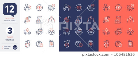Set of Road, Mobile inventory and Return parcel line icons. Include Destination flag, Passport, Parking time icons. Flight insurance, Return package, Select flight web elements. Journey. Vector Set of Road, Mobile inventory and Return parcel line icons. Include Destination flag, Passport, Parking time icons. Flight insurance, Return package, Select flight web elements. Journey. Vector 106481636
