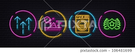 Swipe up, Skin moisture and Laundry minimal line icons. Neon laser 3d lights. Laureate icons. For web, application, printing. Scrolling arrow, Wet cream, Washing machine. Award shield. Vector 106481699