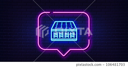 Neon light speech bubble. Mattress pocket spring line icon. Orthopedic sprung pad sign. Breathable sleep bed symbol. Neon light background. Mattress glow line. Brick wall banner. Vector 106481703