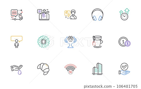 Skyscraper buildings, Time management and Wash hands line icons for website, printing. Collection of Repairman, Fan engine, Food delivery icons. Approved checkbox, Croissant. Vector Skyscraper buildings, Time management and Wash hands line icons for website, printing. Collection of Repairman, Fan engine, Food delivery icons. Approved checkbox, Croissant. Vector 106481705