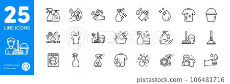 Outline icons set. Dont touch, Dirty mask and Wash t-shirt icons. Clean t-shirt, Hand washing, Wash hands web elements. Clean bubbles, Washing machine, Cleanser spray signs. Vector Outline icons set. Dont touch, Dirty mask and Wash t-shirt icons. Clean t-shirt, Hand washing, Wash hands web elements. Clean bubbles, Washing machine, Cleanser spray signs. Vector 106481716