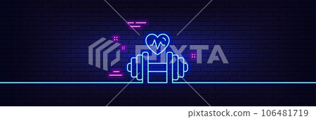 Neon light glow effect. Dumbbell with heartbeat line icon. Workout equipment sign. Cardio Gym fit symbol. 3d line neon glow icon. Brick wall banner. Dumbbell outline. Vector 106481719