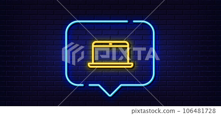 Neon light speech bubble. Laptop computer icon. Notebook sign. Portable personal computer symbol. Neon light background. Laptop glow line. Brick wall banner. Vector Neon light speech bubble. Laptop computer icon. Notebook sign. Portable personal computer symbol. Neon light background. Laptop glow line. Brick wall banner. Vector 106481728