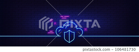 Neon light glow effect. Cloud computing protection line icon. Internet data storage sign. File hosting technology symbol. 3d line neon glow icon. Brick wall banner. Cloud protection outline. Vector 106481730