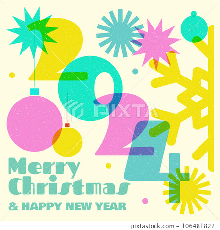 Colorful geometric shape background in trendy riso graph print texture style. Vector illustrator. Merry risograph christmas and happy new year modern background for design and card, covers, package 106481822