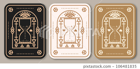 Esoteric symbols poster, banner. Vector. Thin line geometric badge. Outline icon for alchemy or sacred geometry. Mystic and magic design with all-seeing eye and hourglass 106481835