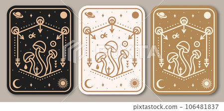 Esoteric symbols poster, banner. Vector. Thin line geometric badge. Outline icon for alchemy or sacred geometry. Mystic and magic design with alchemy symbols and mushrooms. 106481837