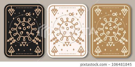 Esoteric symbols poster, banner. Vector. Thin line geometric badge. Outline icon for alchemy or sacred geometry. Mystic and magic sacred geometry tattoo design with unreal geometrical cube, moon, sun 106481845