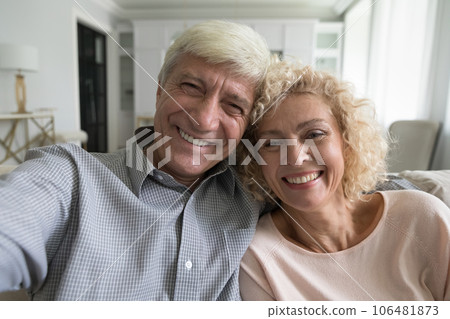 Happy carefree retired grey haired couple taking selfie at home 106481873
