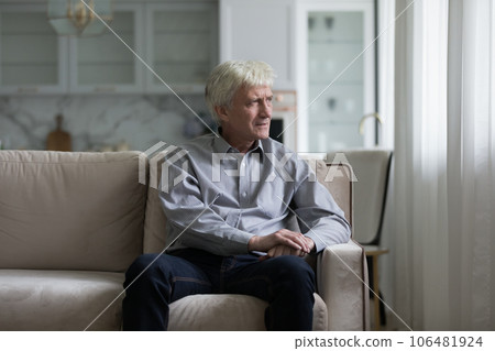 Serious concerned old retired man sitting on sofa, looking away Serious concerned old retired man sitting on sofa, looking away 106481924