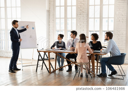 Caucasian male speaker make whiteboard presentation to colleagues Caucasian male speaker make whiteboard presentation to colleagues 106481986