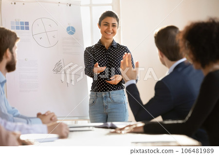 Motivated male employee raise hand at office briefing Motivated male employee raise hand at office briefing 106481989