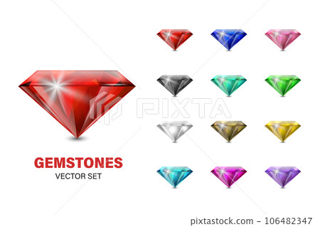 Vector 3d Realistic Colorful Gemstone Icons Set. Multicolored Diamond, Crystal, Rhinestones Closeup Isolated on White Background. Jewerly Concept. Design Template of Gemstones, Gem Clipart 106482347
