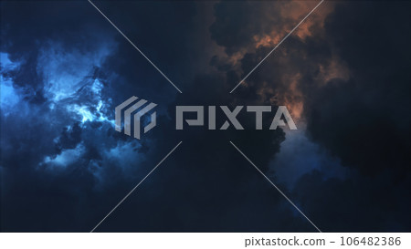 3D rendering of thunderclouds with bright lightning flashes 3D rendering of thunderclouds with bright lightning flashes 106482386