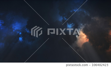 3D rendering of thunderclouds with bright lightning flashes 3D rendering of thunderclouds with bright lightning flashes 106482423
