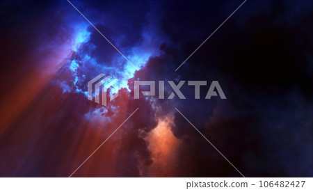3D rendering of thunderclouds with bright lightning flashes 106482427