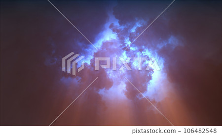 3D rendering of thunderclouds with bright lightning flashes 106482548