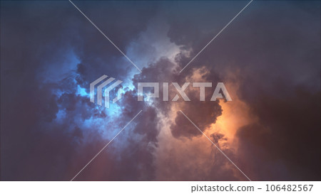3D rendering of thunderclouds with bright lightning flashes 3D rendering of thunderclouds with bright lightning flashes 106482567