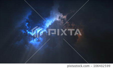 3D rendering of thunderclouds with bright lightning flashes 106482599