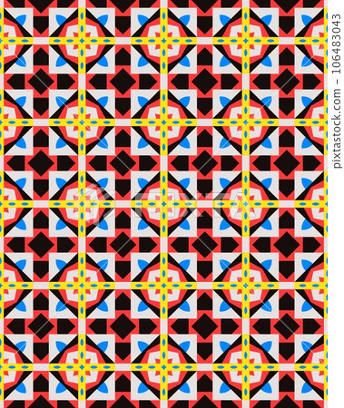 Seamless abstract ornament Geometric bright colored pattern with various elements backgrounds. Seamless abstract ornament Geometric bright colored pattern with various elements backgrounds. 106483043