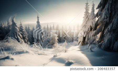 amazing winter landscape with snow covered fir trees amazing winter landscape with snow covered fir trees 106483357