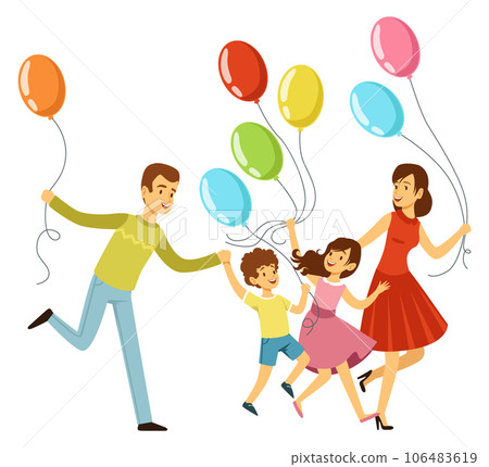 Family holiday characters with balloons. Happy parents and kids running together Family holiday characters with balloons. Happy parents and kids running together 106483619