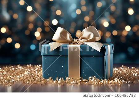 Blue gift box with golden bow on the background of bokeh effect. Generative AI 106483788