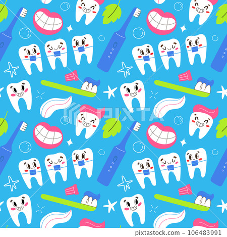 Children dentistry, cute teeth with face, seamless pattern, tooth brush, toothpaste and oral hygiene products, vector tile, funny cartoon characters Children dentistry, cute teeth with face, seamless pattern, tooth brush, toothpaste and oral hygiene products, vector tile, funny cartoon characters 106483991