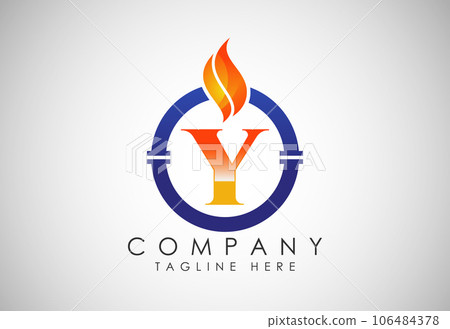 English alphabet with fire flame and pipe. Oil and gas industry logo design concept. 106484378