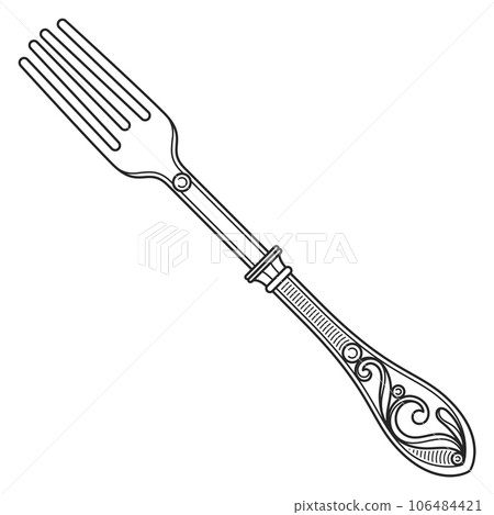 Metal fork line drawing. Vintage ornate cutlery Metal fork line drawing. Vintage ornate cutlery 106484421