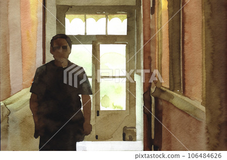 Illustration of a man walking down a hallway in a facility 106484626