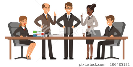 Diverse business team sit at conference table together Diverse business team sit at conference table together 106485121