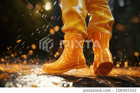 Rubber yellow boots in an autumn park with orange leaves. Autumn has come. rain season. 106485502