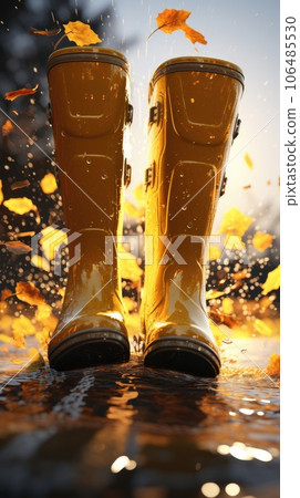 Rubber yellow boots in an autumn park with orange leaves. Autumn has come. rain season. 106485530